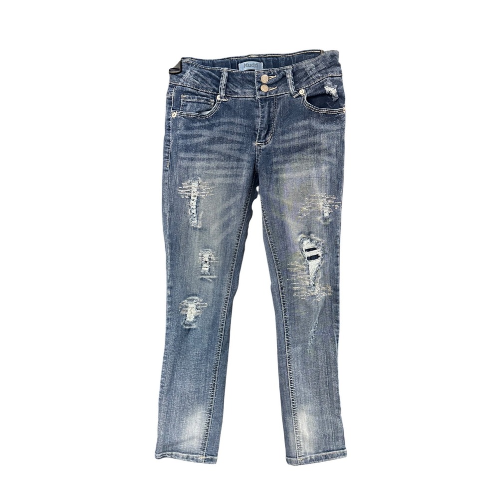 Mudd Girls Distressed Skinny Jeans Blue Denim Rhinestone Embellished Size 10‎